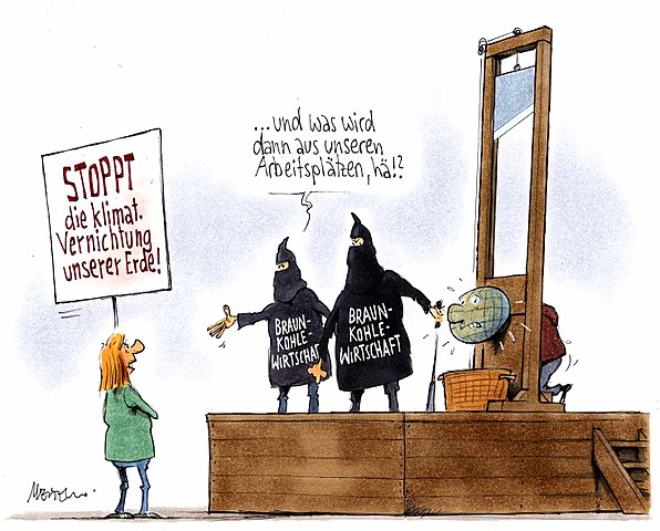 Caricature by Gerhard Mester on climate change and coal burning: Jobs argument (2015)