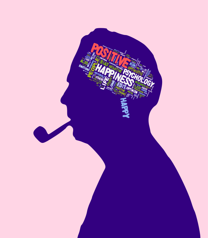 Silhouette of pipe-smoking man with with mottos of ositive psychology and optimism in his head