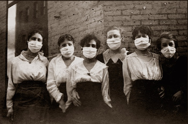 Girls wearing masks in Helena, Montana during the 1918 flu,
