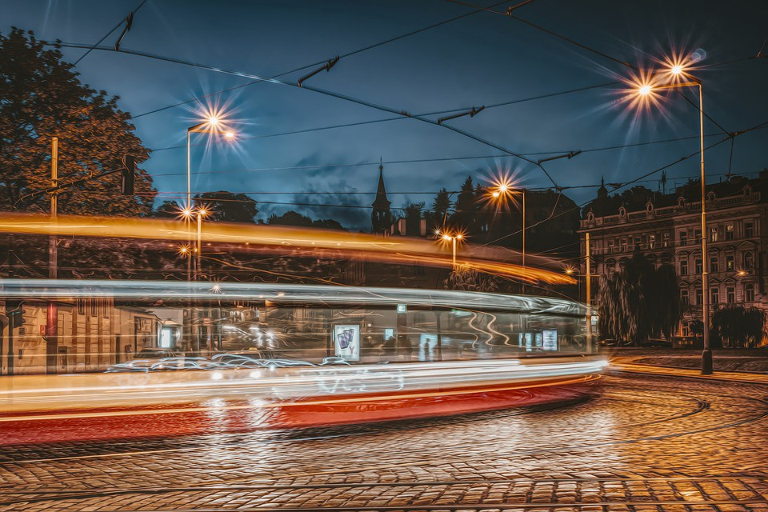 Prague tram at night