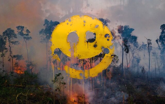 Happy face surrounded by environmental destruction