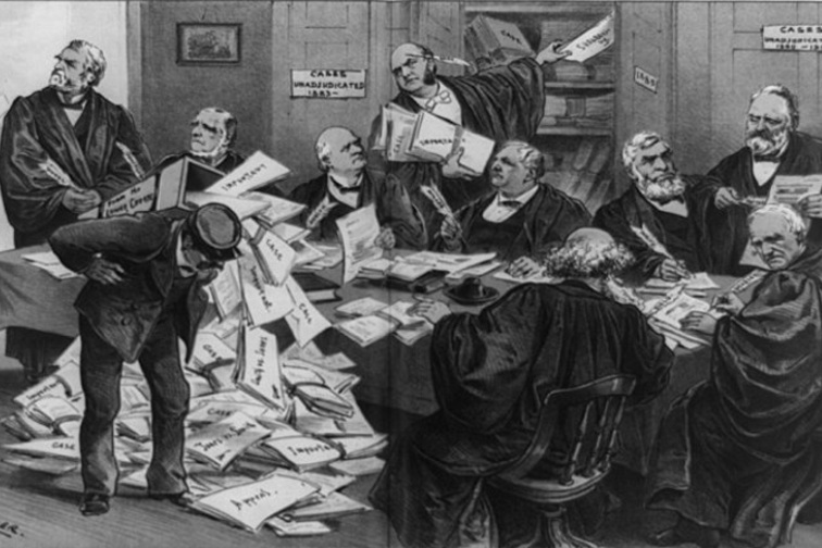 Supreme Court justices around a table, struggling to keep up with an overload of cases piling up on the floor (1885)