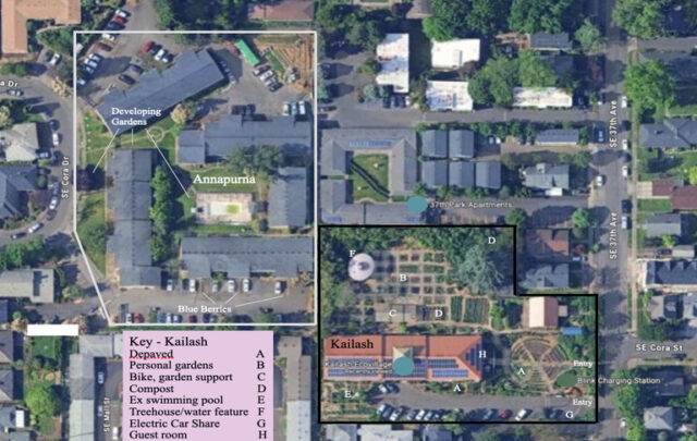 The photo above shows Kailash after 16 years of transformation and Annapurna after 3 years transformation and the surrounding neighborhood in SE Portland, Oregon. The photo identifies several locations at Annapurna and multiple features at Kailash that are mentioned in this account of the visit.