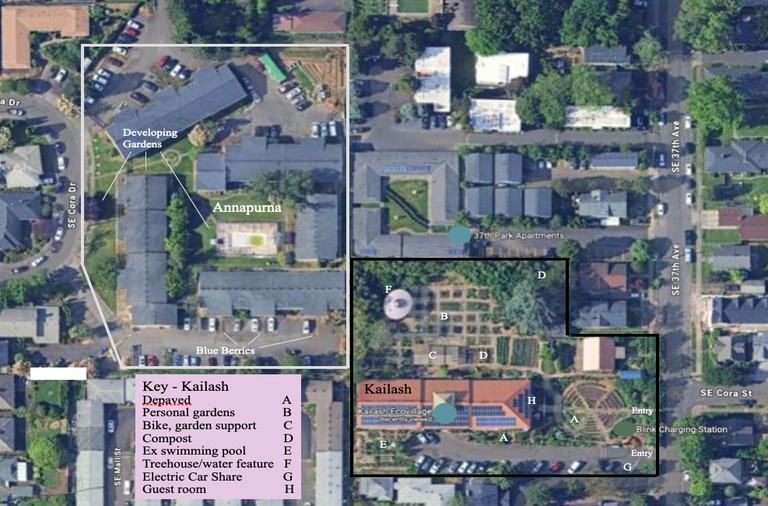 The photo above shows Kailash after 16 years of transformation and Annapurna after 3 years transformation and the surrounding neighborhood in SE Portland, Oregon. The photo identifies several locations at Annapurna and multiple features at Kailash that are mentioned in this account of the visit.