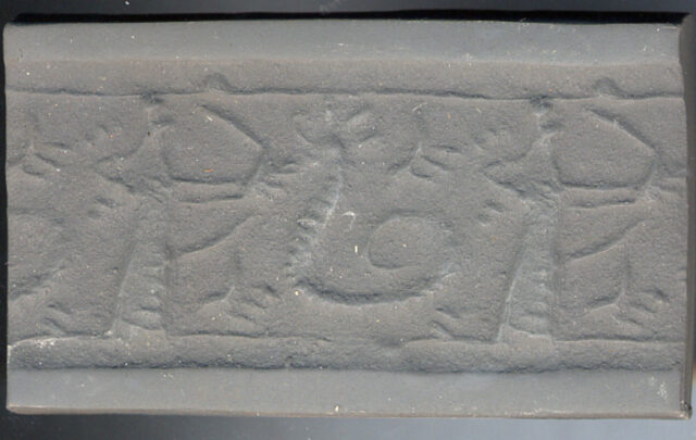 “Neo-Assyrian cylinder seal depicting a god (often identified as Marduk or Ninurta) battling a horned serpent. British Museum, object number 1920,1211.435.”