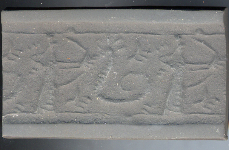 “Neo-Assyrian cylinder seal depicting a god (often identified as Marduk or Ninurta) battling a horned serpent. British Museum, object number 1920,1211.435.”
