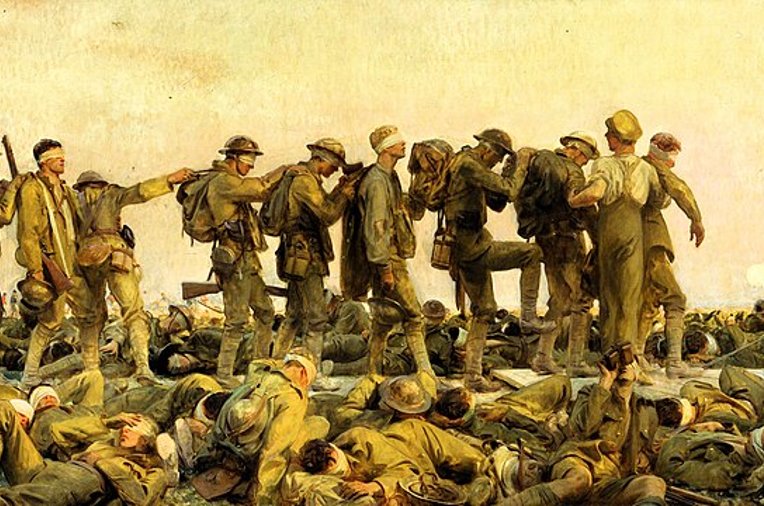 "Gassed" (1919). Painting about World War I by John SInger Sargent via Wikimedia Commons https://commons.wikimedia.org/wiki/File:Sargent,_John_Singer_(RA)_-_Gassed_-_Google_Art_Project.jpg