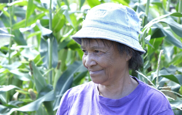 Auntie Flora surrounded by her crops